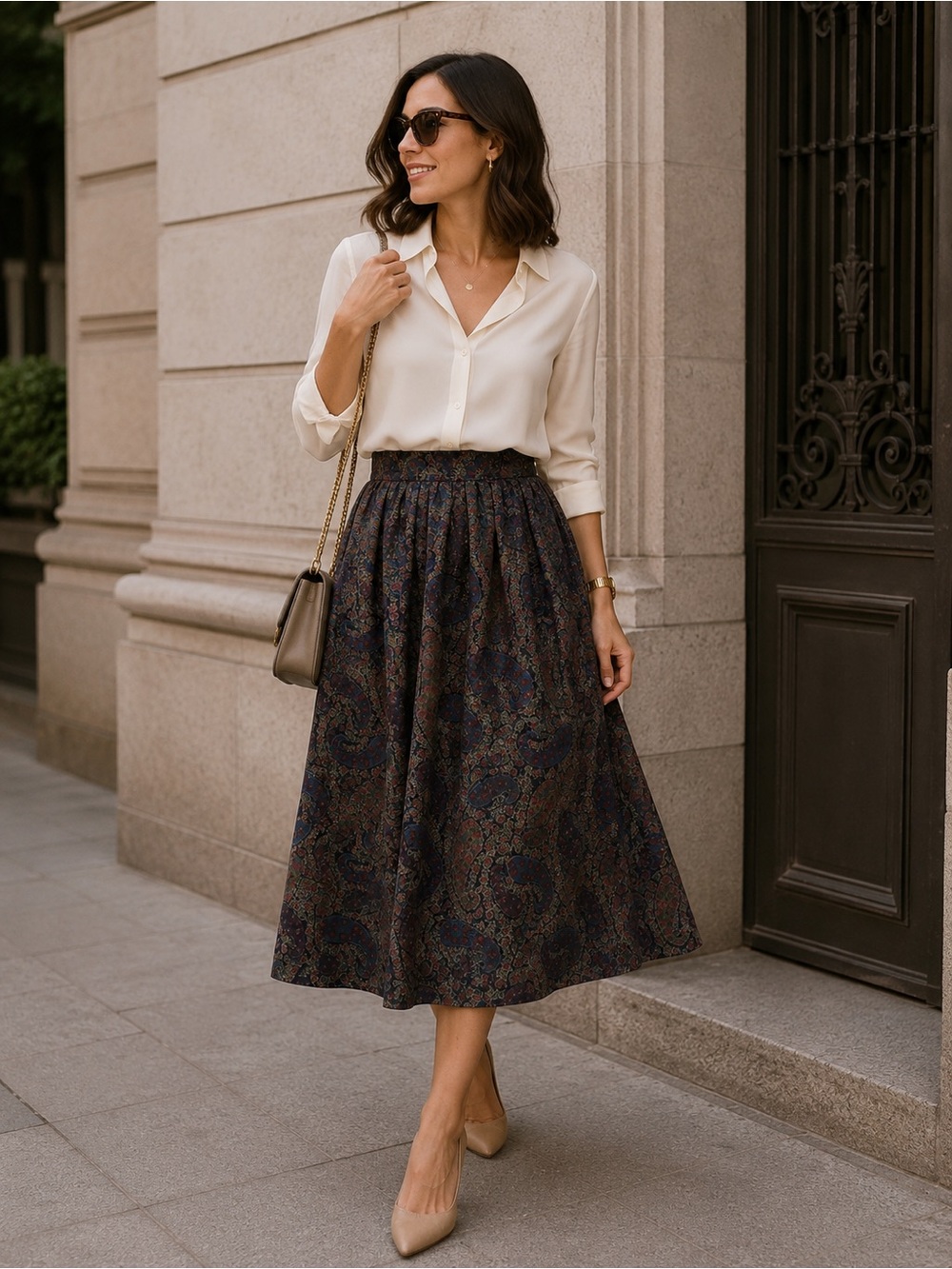 Ambiance Navy Paisley Wool Midi Skirt with Brown Accents